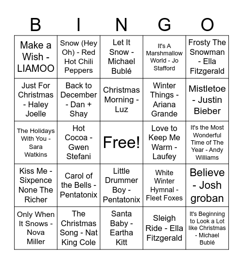 Winter Musical Bingo Card