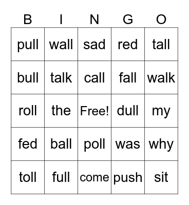 Word Family Bingo Card