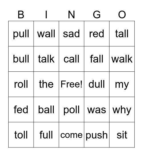 Word Family Bingo Card