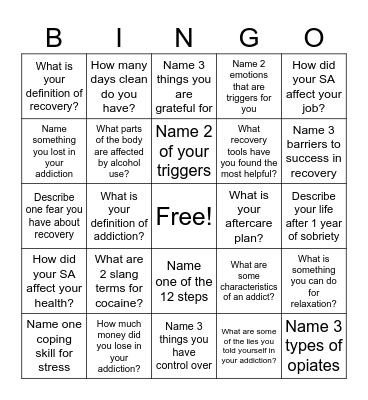 Recovery Bingo Card