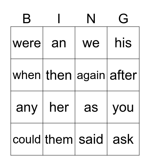 Sight Words Bingo Card