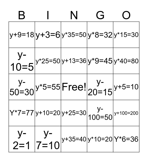 One Step Equation- Bingo Card