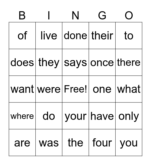 Sight Words #1 Bingo Card