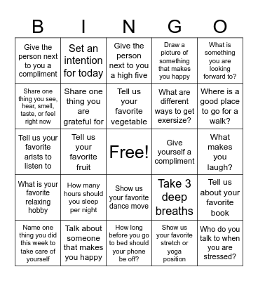Mindfulness Bingo Card