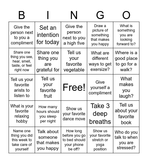 Mindfulness Bingo Card