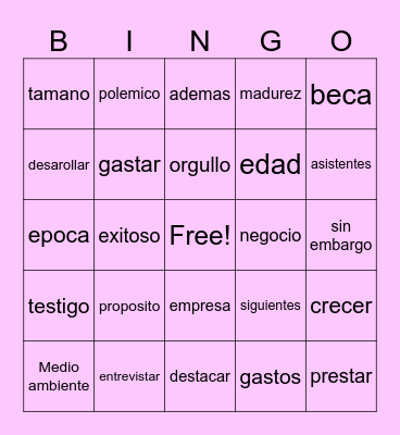 Spanish Bingo Card
