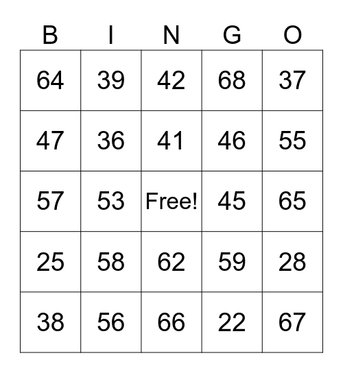 1st Grade Numbers 20-60 Bingo Card