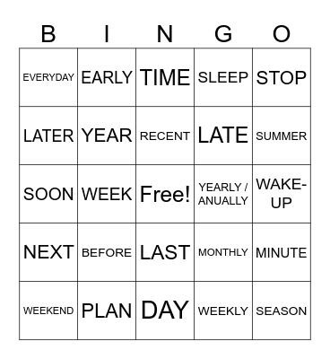 ASL 1: Time/Dates Bingo Card