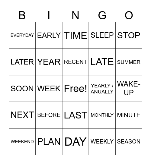 ASL 1: Time/Dates Bingo Card
