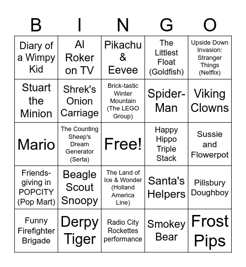 2025 NYC Macy's Thanksgiving Day Parade Bingo Card