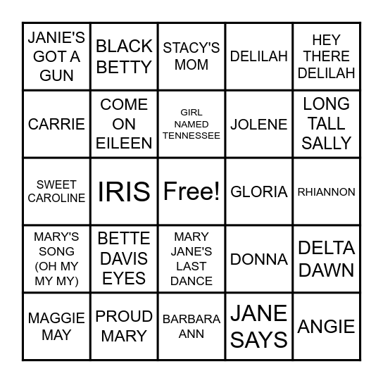 .....GIRLS Bingo Card