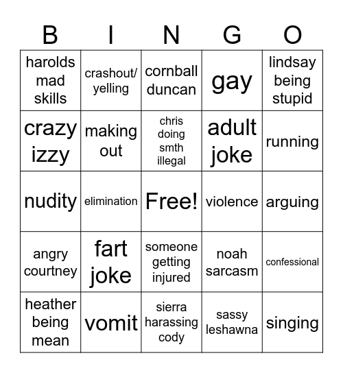 Total drama Bingo Card