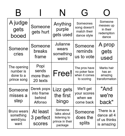 Dwts Prince Night Bingo Card