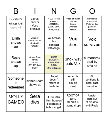 Hazbin Hotel Finale Bingo (eps 7-8) Bingo Card