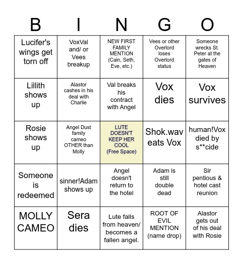Hazbin Hotel Finale Bingo (eps 7-8) Bingo Card