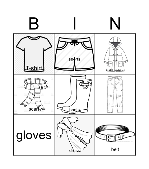 Clothes Bingo! Pictures Bingo Card