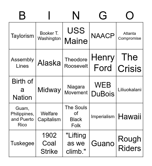 Progressive Era Bingo Card