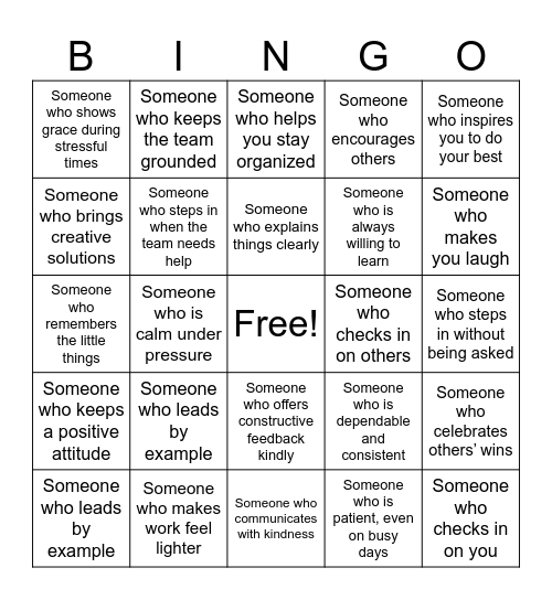 Gratitude Bingo – Characteristics to Appreciate in Coworkers Bingo Card