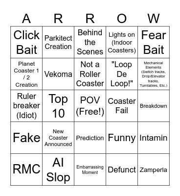 Roller Coaster YT Videos Bingo Card Bingo Card