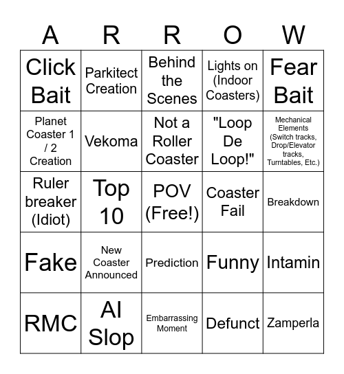 Roller Coaster YT Videos Bingo Card Bingo Card