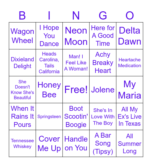 COUNTRY SONG BINGO Card