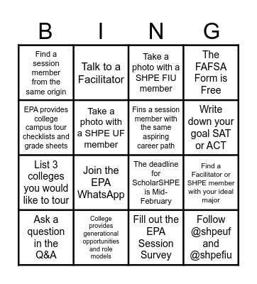 SHPE Equipando Padres Bingo Card