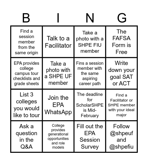 SHPE Equipando Padres Bingo Card