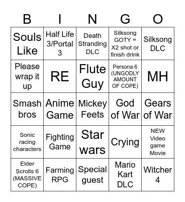Game Awards 2025 Bingo Card