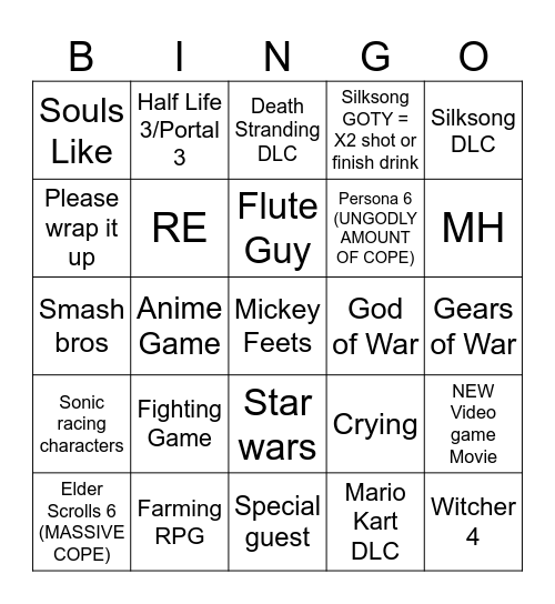 Game Awards 2025 Bingo Card