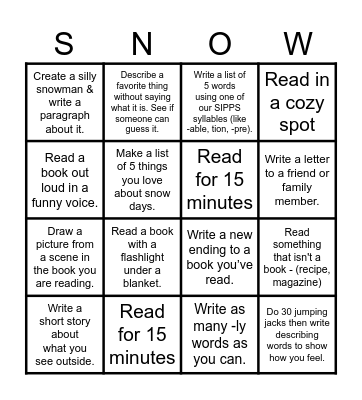 SNOW Day BINGO! Bingo Card