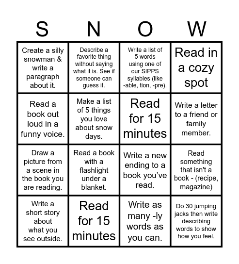 SNOW Day BINGO! Bingo Card