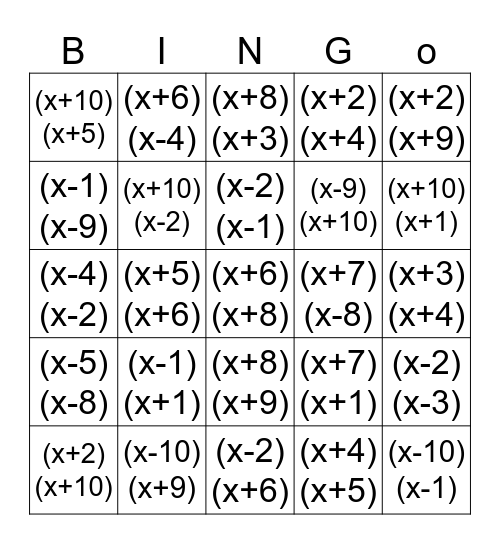 Factoring Polynomials Bingo Card