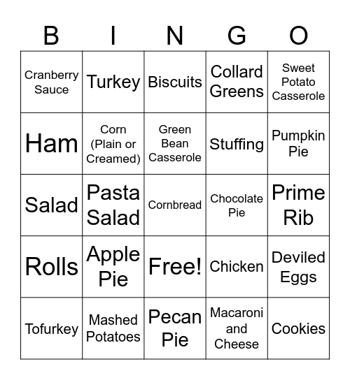 Thanksgiving Dishes Bingo Card