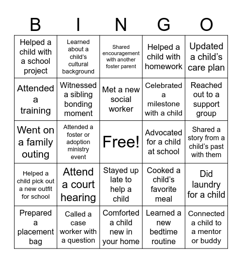 Foster and Adoption Adventure Bingo Card