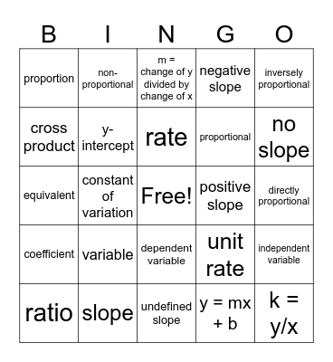 Math Vocabulary Bingo Card