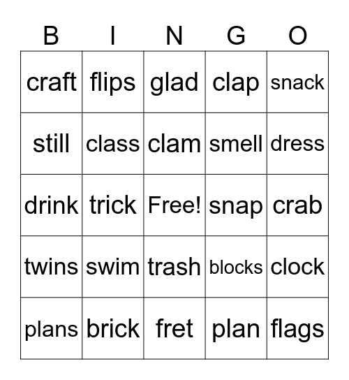 Consonant Blends Bingo Card