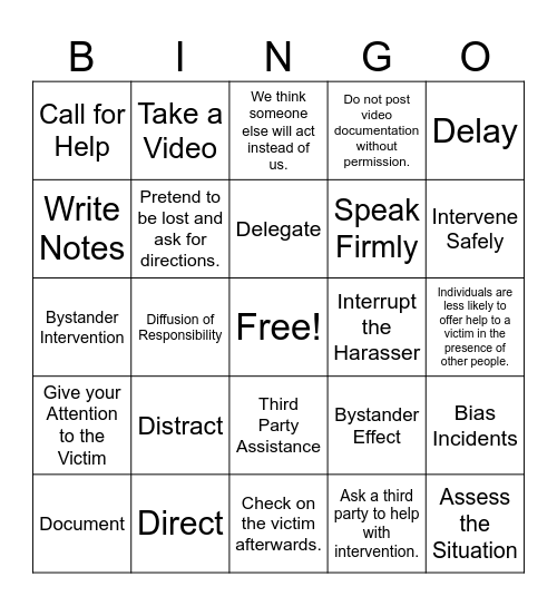 Bystander Bingo Card