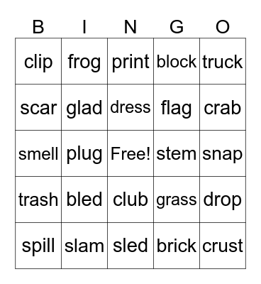 Consonant Blends Bingo Card