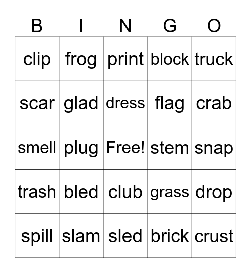 Consonant Blends Bingo Card