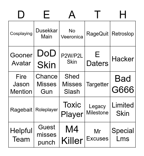 Forsaken Bingo Card