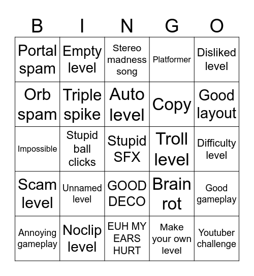 GD recent tab bingo (thegalaxyrobloxyt challenge) Bingo Card