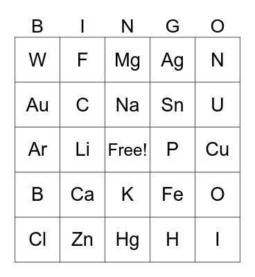 Periodic Table Bingo Card