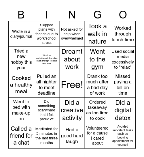 Social work self-care! Bingo Card