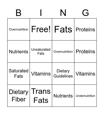 6th Nutrition Bingo Card