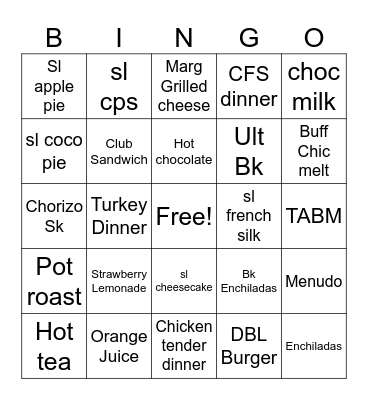 For free meal or slice of pie Bingo Card