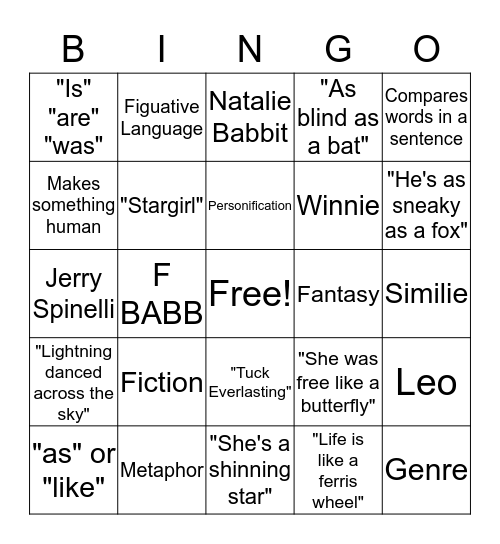 Simie, Metaphor, Personification  Bingo Card