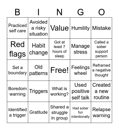 Recovery BINGO Card