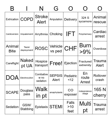 EMS call Bingo Card
