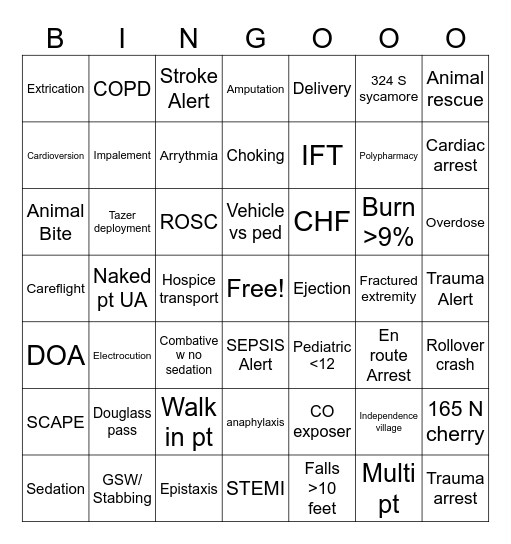 EMS call Bingo Card