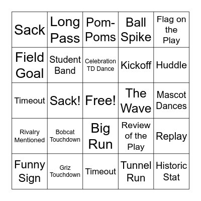 Cat/Griz Football Game 2025 Bingo Card